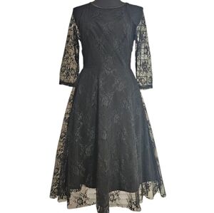 Vintage Y2K Black Fairy Whimsigoth Mesh Floral Lace Midi Dress Size M